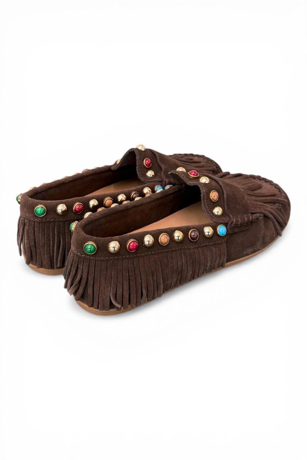 Mocassino frange suede mogano Inuovo<BR/> 