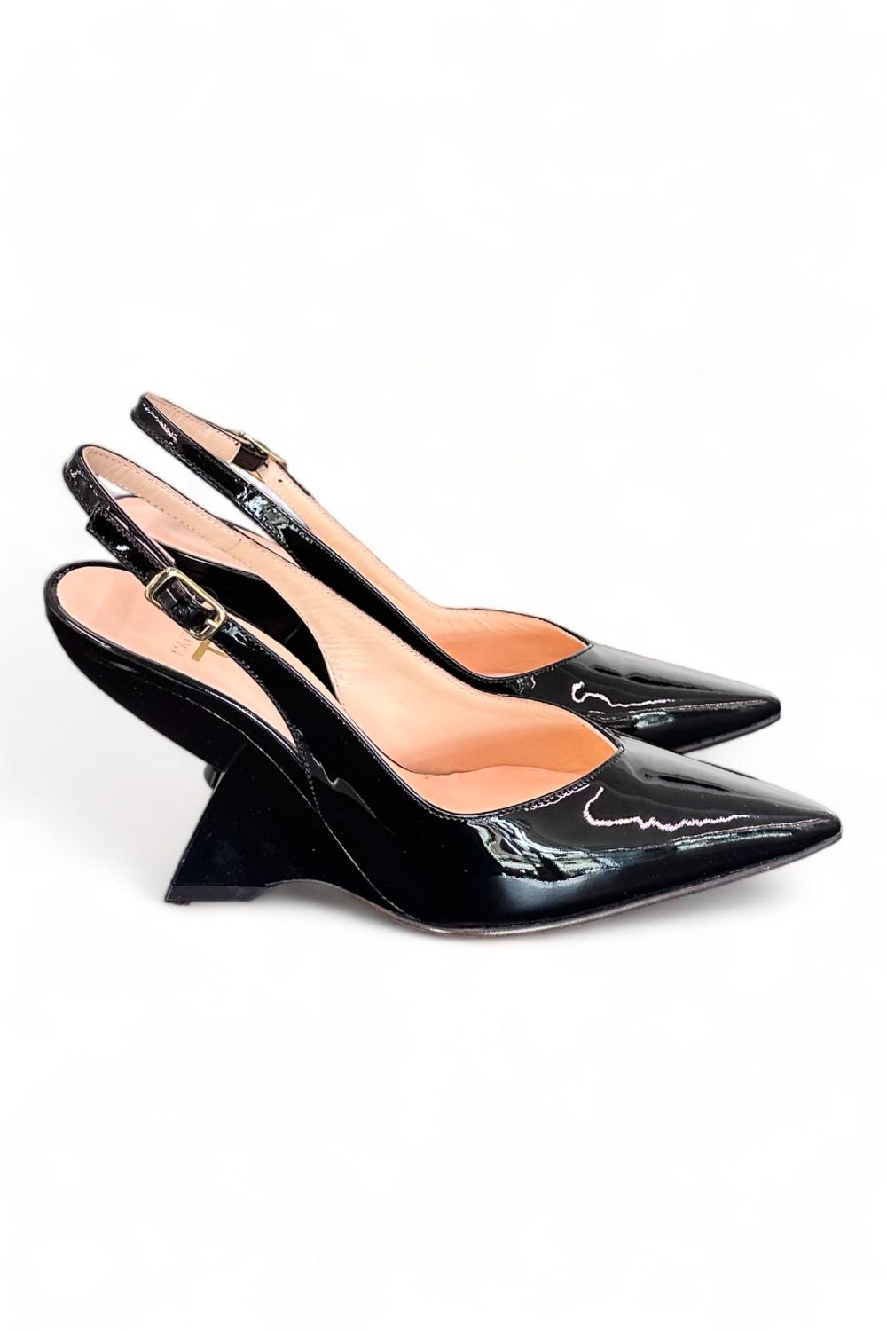 Slingback tacco zeppa vernice nera Matteo Pitti 