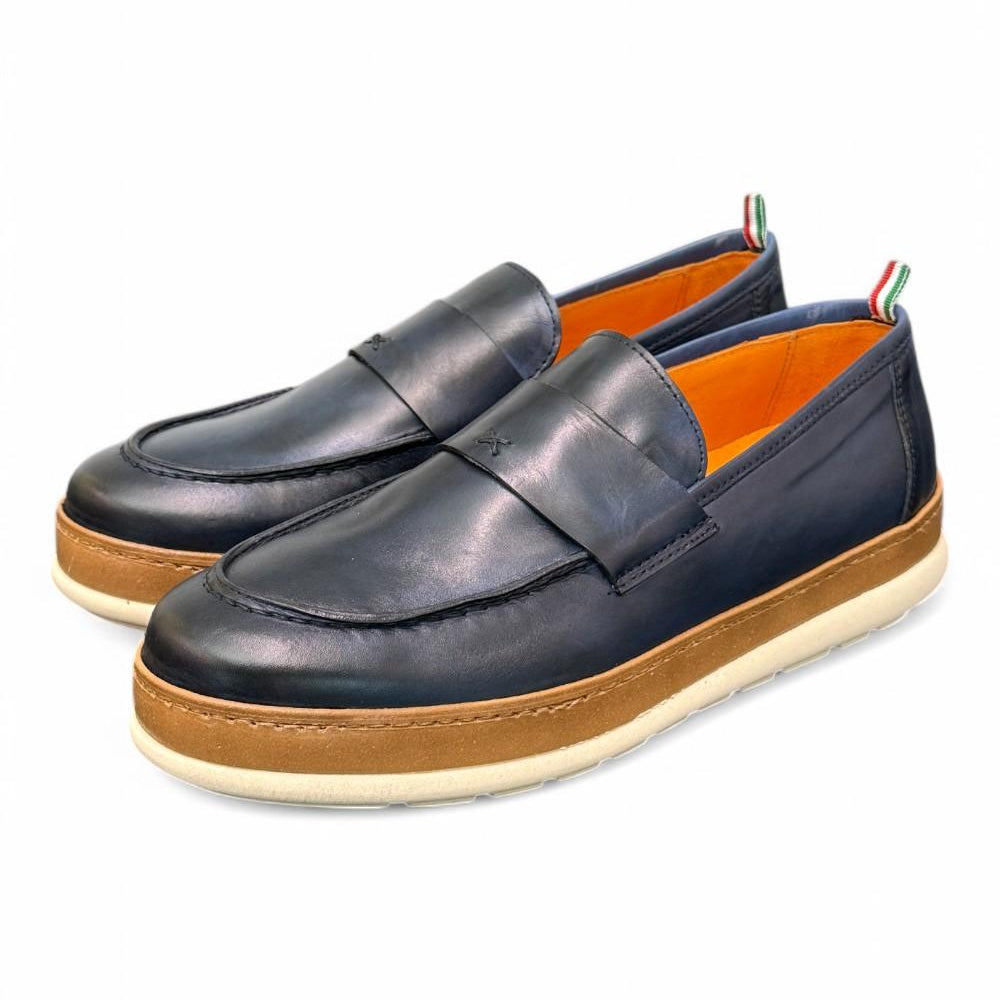 Mocassino uomo blu F.lli Rennella suola gomma 