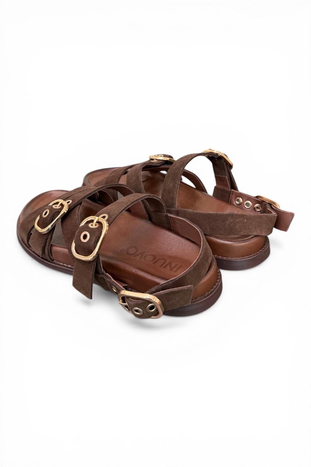 Sandalo con fasce e fibbie in suede testa di moro Inuovo<BR/> 
