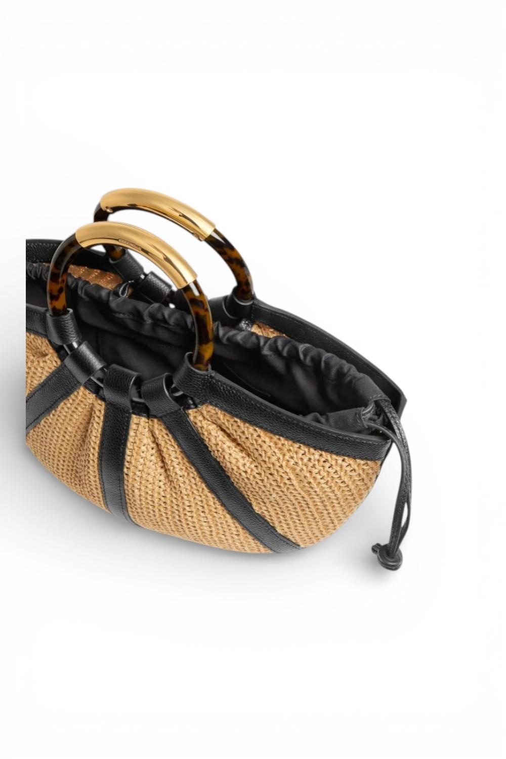 Borsa Shell Coccinelle rafia beige nera manici 