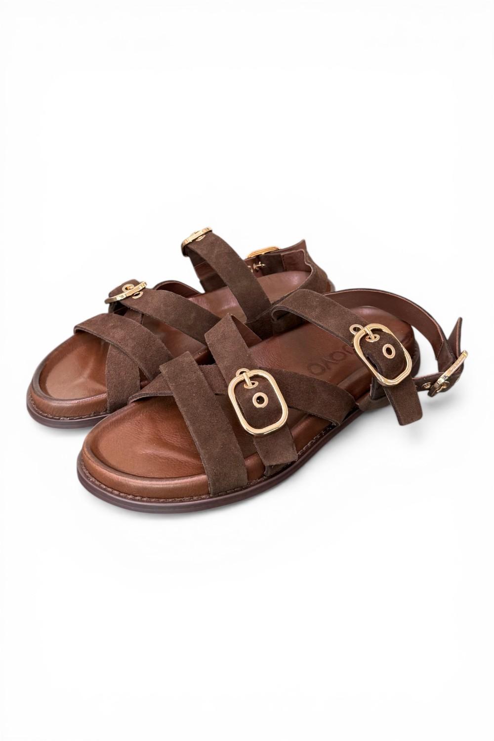Sandalo con fasce e fibbie in suede testa di moro Inuovo<BR/> 