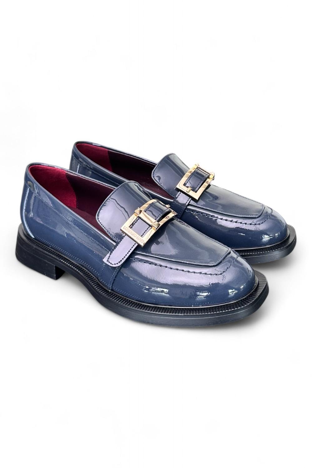 Mocassino vernice blu fibbia Lorenzo Mari<BR/> 
