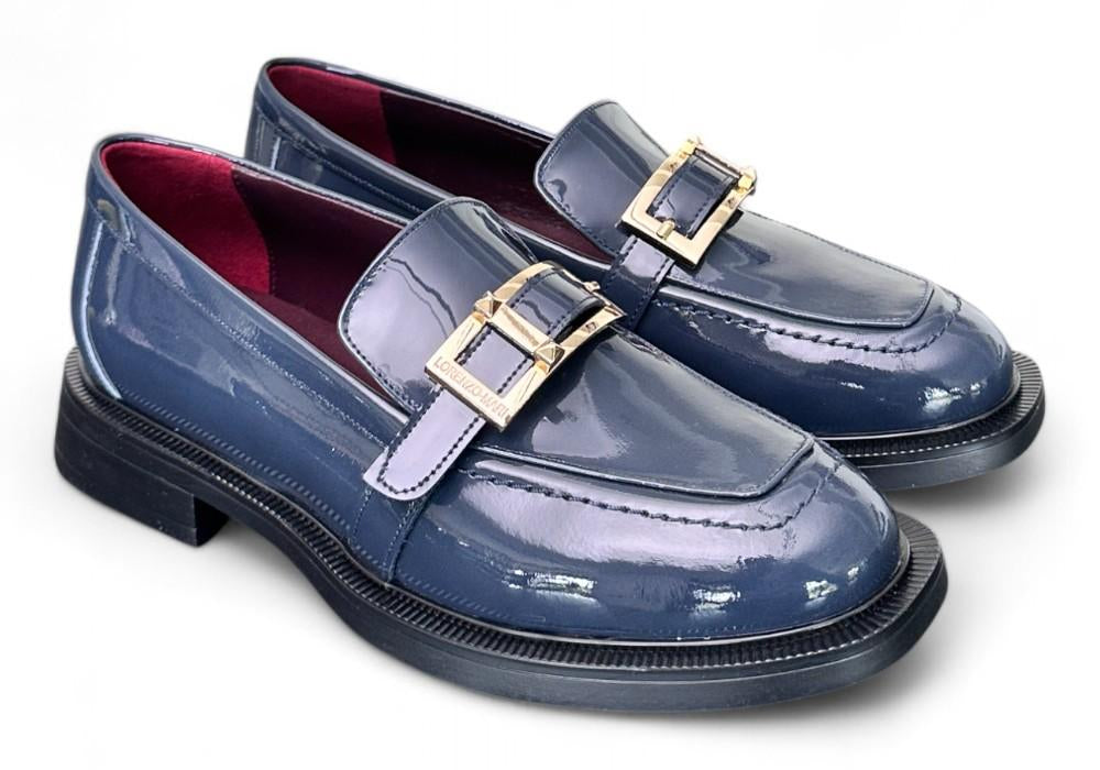 Mocassino vernice blu fibbia Lorenzo Mari<BR/> 