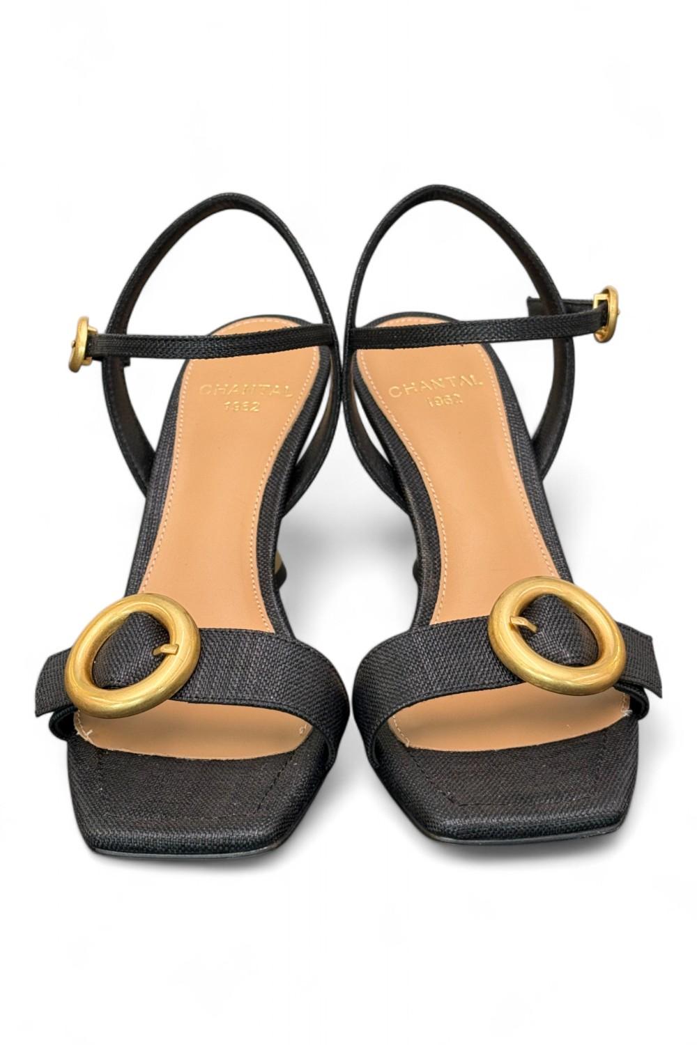 Sandalo rafia nera tacco oro Chantal<BR/> <BR/> 