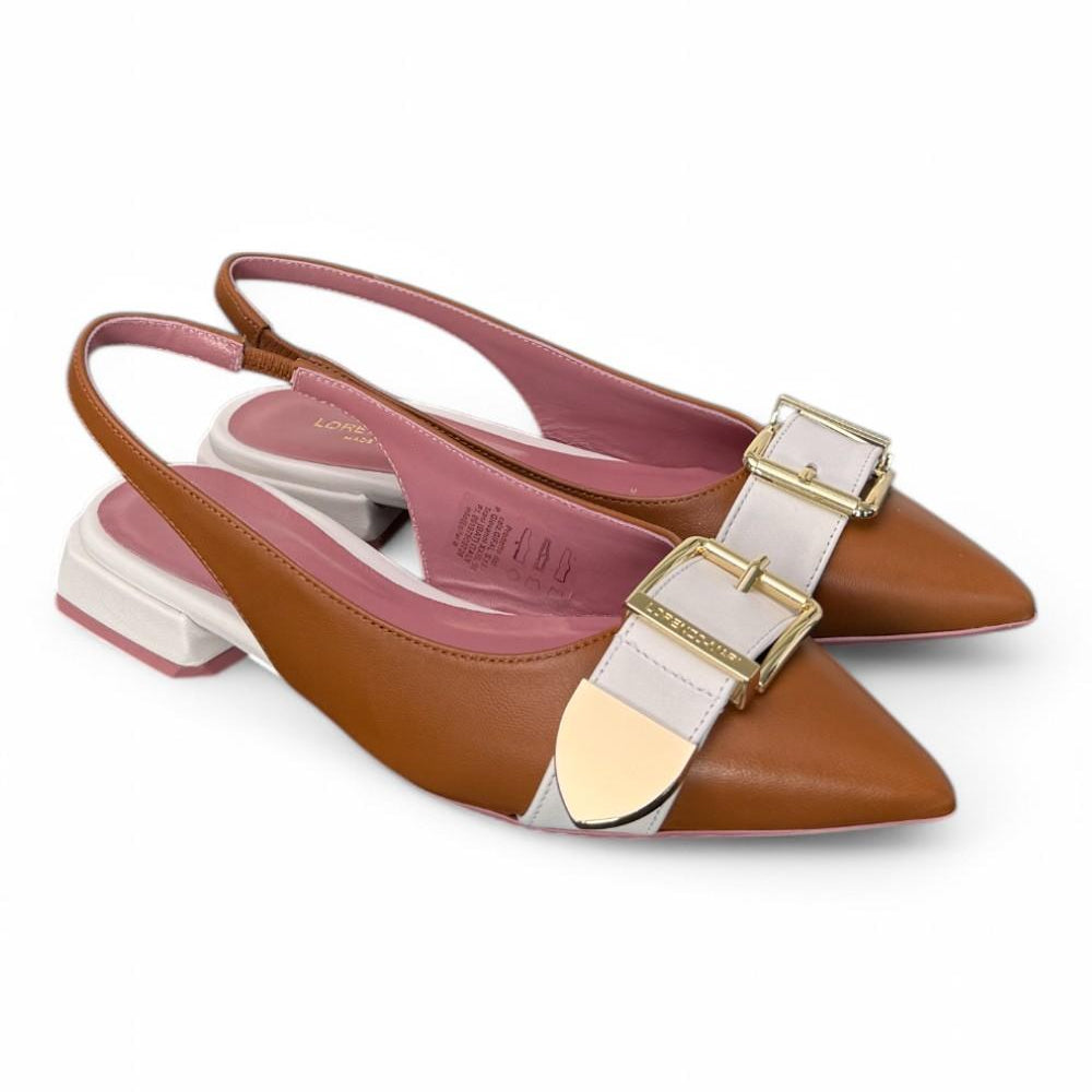 Slingback fibbia Lorenzo Mari cuoio latte<BR/> 