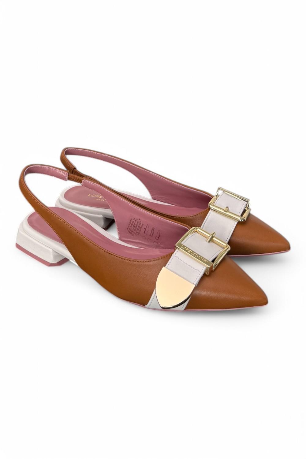 Slingback fibbia Lorenzo Mari cuoio latte<BR/> 