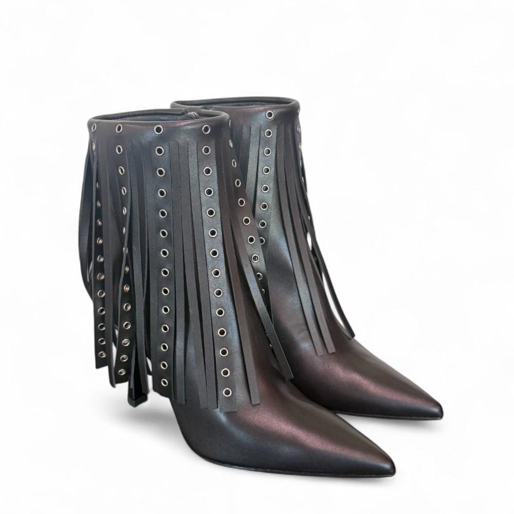 Stivaletto con frange in pelle nera Chantal 