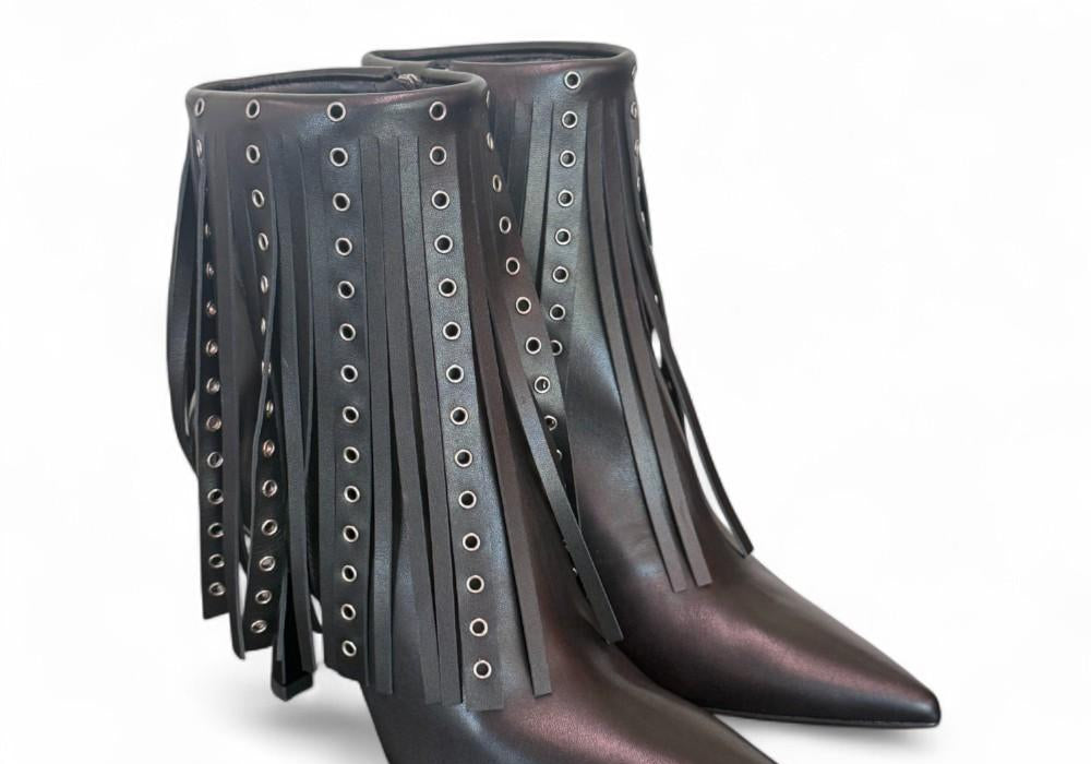 Stivaletto con frange in pelle nera Chantal 