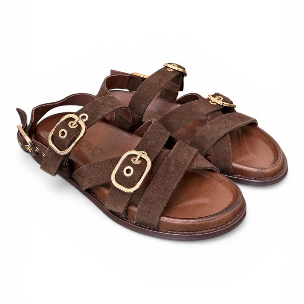 Sandalo con fasce e fibbie in suede testa di moro Inuovo<BR/> 