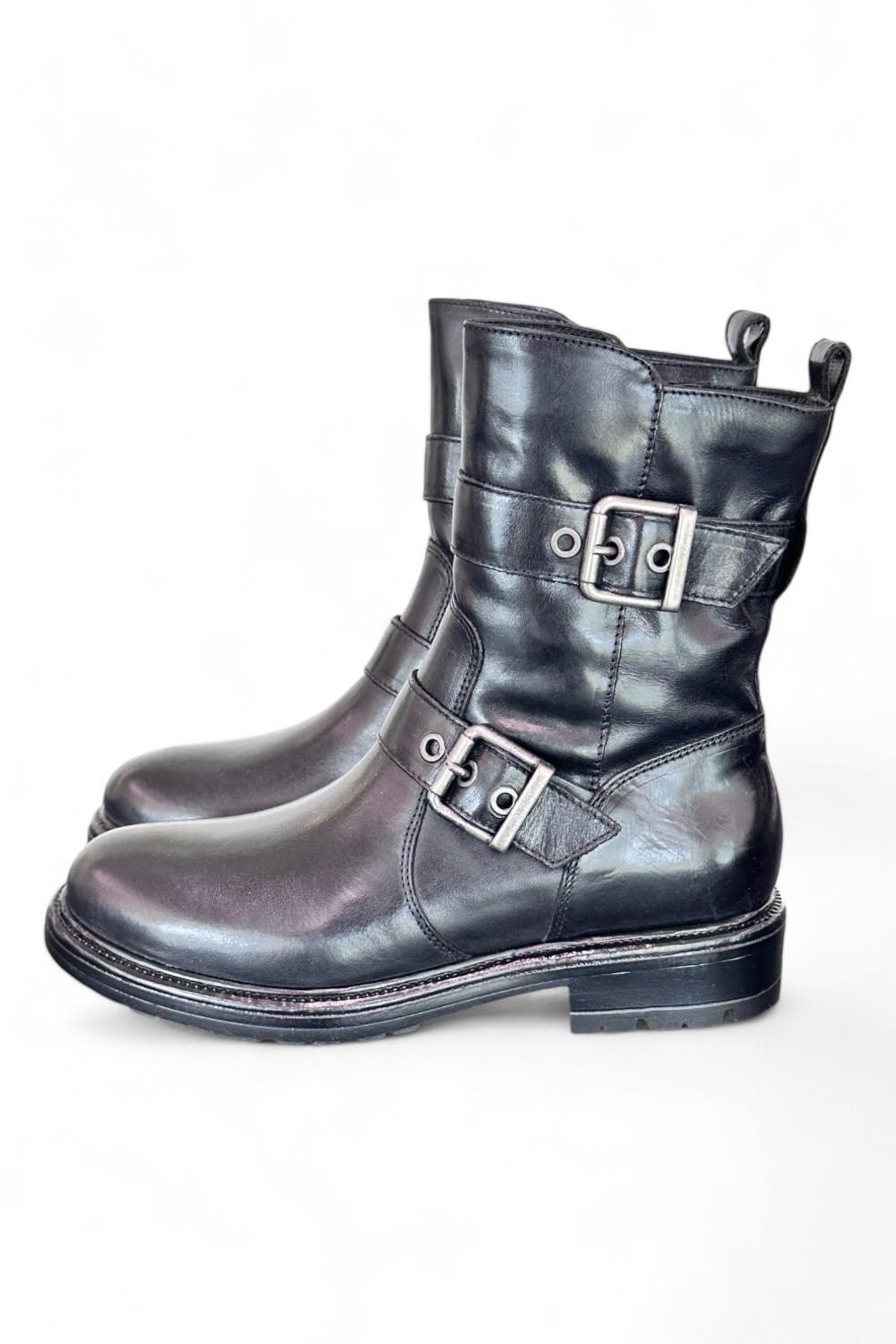 Stivaletto biker fibbie pelle nera Dei Colli<BR/> 