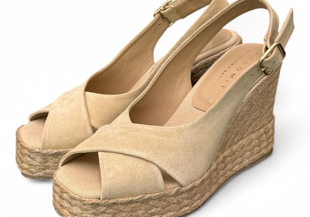 Sandalo zeppa fascia incrociata suede sabbia Palomitas<BR/> 