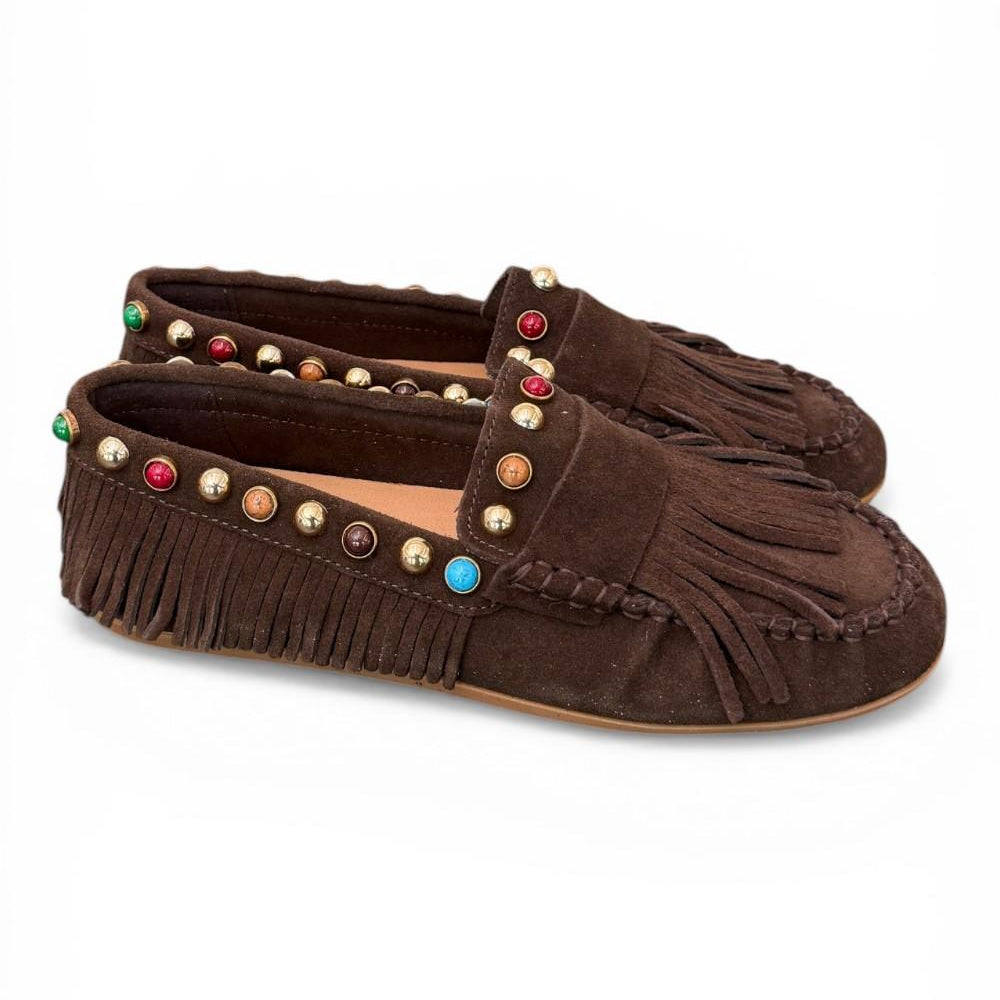 Mocassino frange suede mogano Inuovo<BR/> 