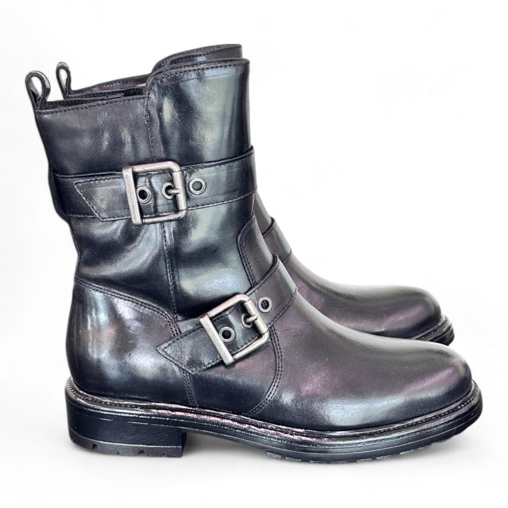 Stivaletto biker fibbie pelle nera Dei Colli<BR/> 