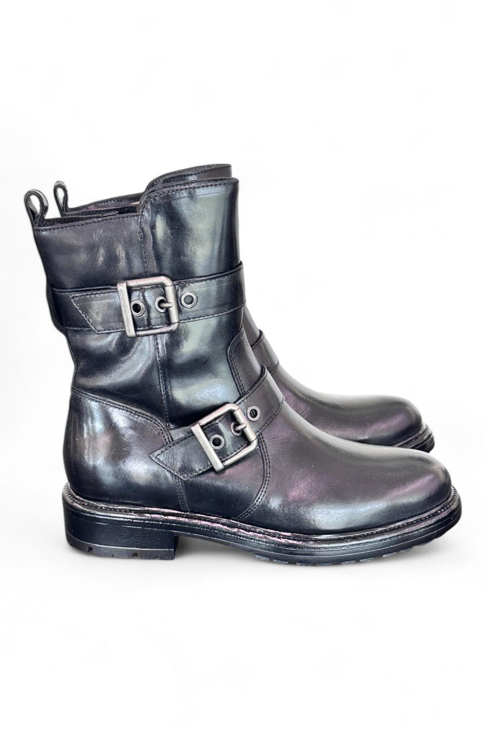 Stivaletto biker fibbie pelle nera Dei Colli<BR/> 