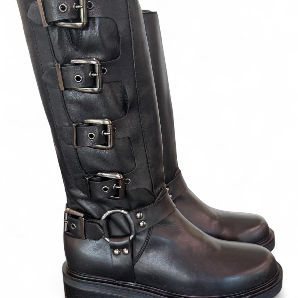 Stivale biker 3/4 fibbie pelle nera Angelica 