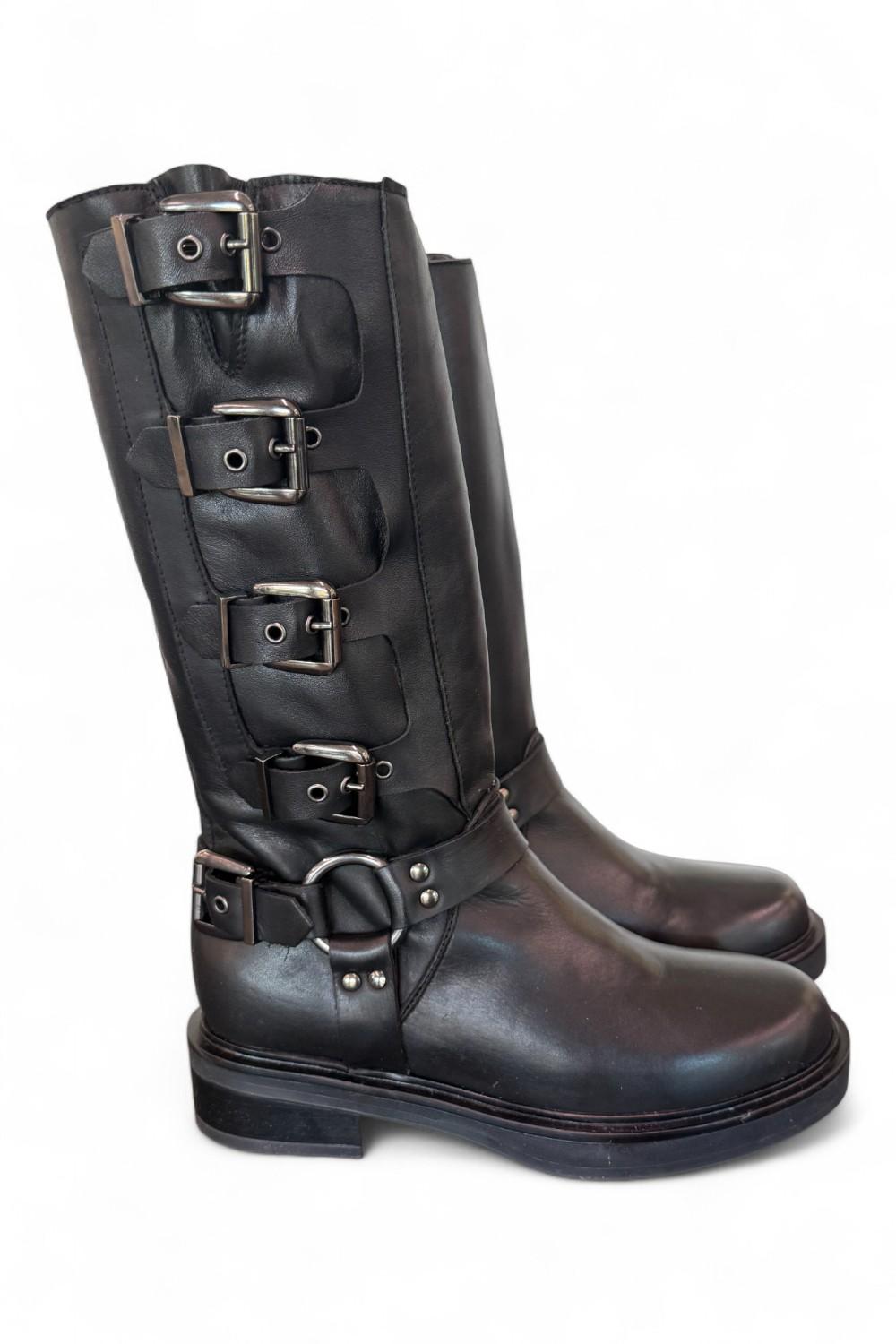 Stivale biker 3/4 fibbie pelle nera Angelica 