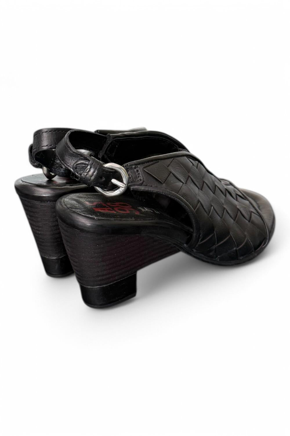 Sandalo pelle intrecciata tacco zeppa nero AS98<BR/> 