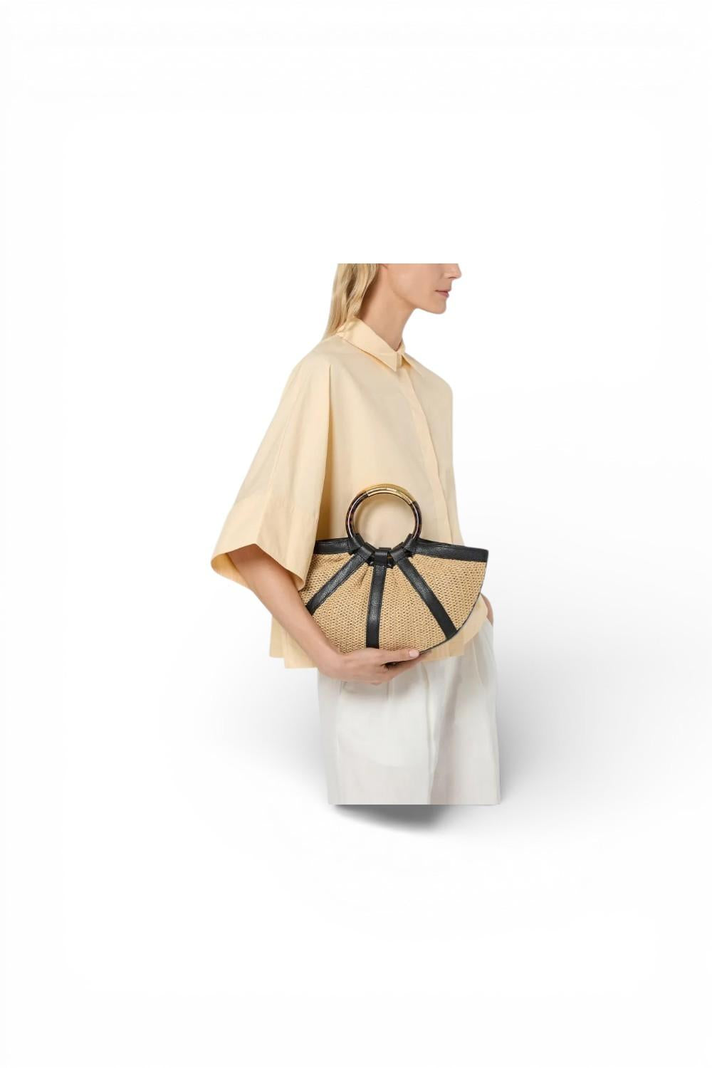 Borsa Shell Coccinelle rafia beige nera manici 