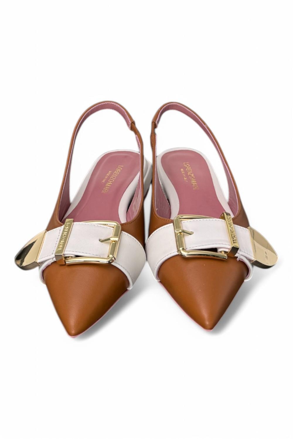Slingback fibbia Lorenzo Mari cuoio latte<BR/> 