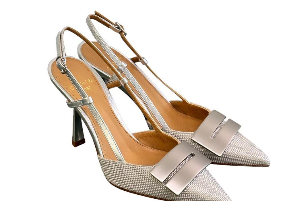 Slingback tessuto e pelle argento accessorio Chantal 