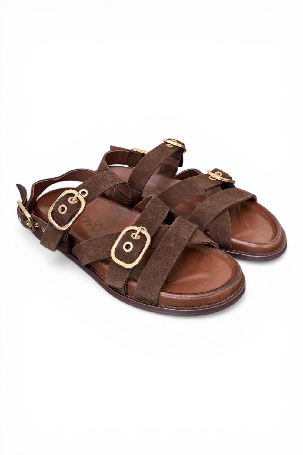 Sandalo con fasce e fibbie in suede testa di moro Inuovo<BR/> 