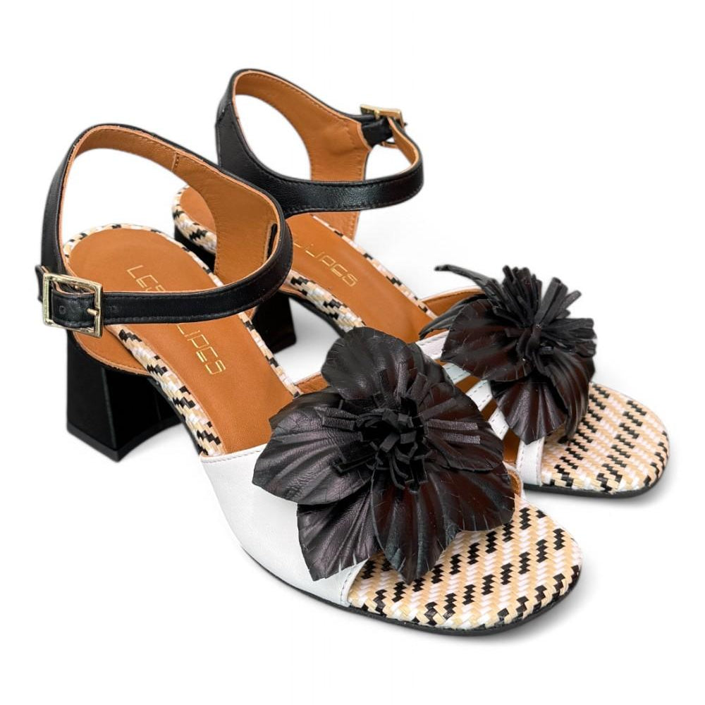 Sandalo fiore bianco nero tacco Les Tulipes 