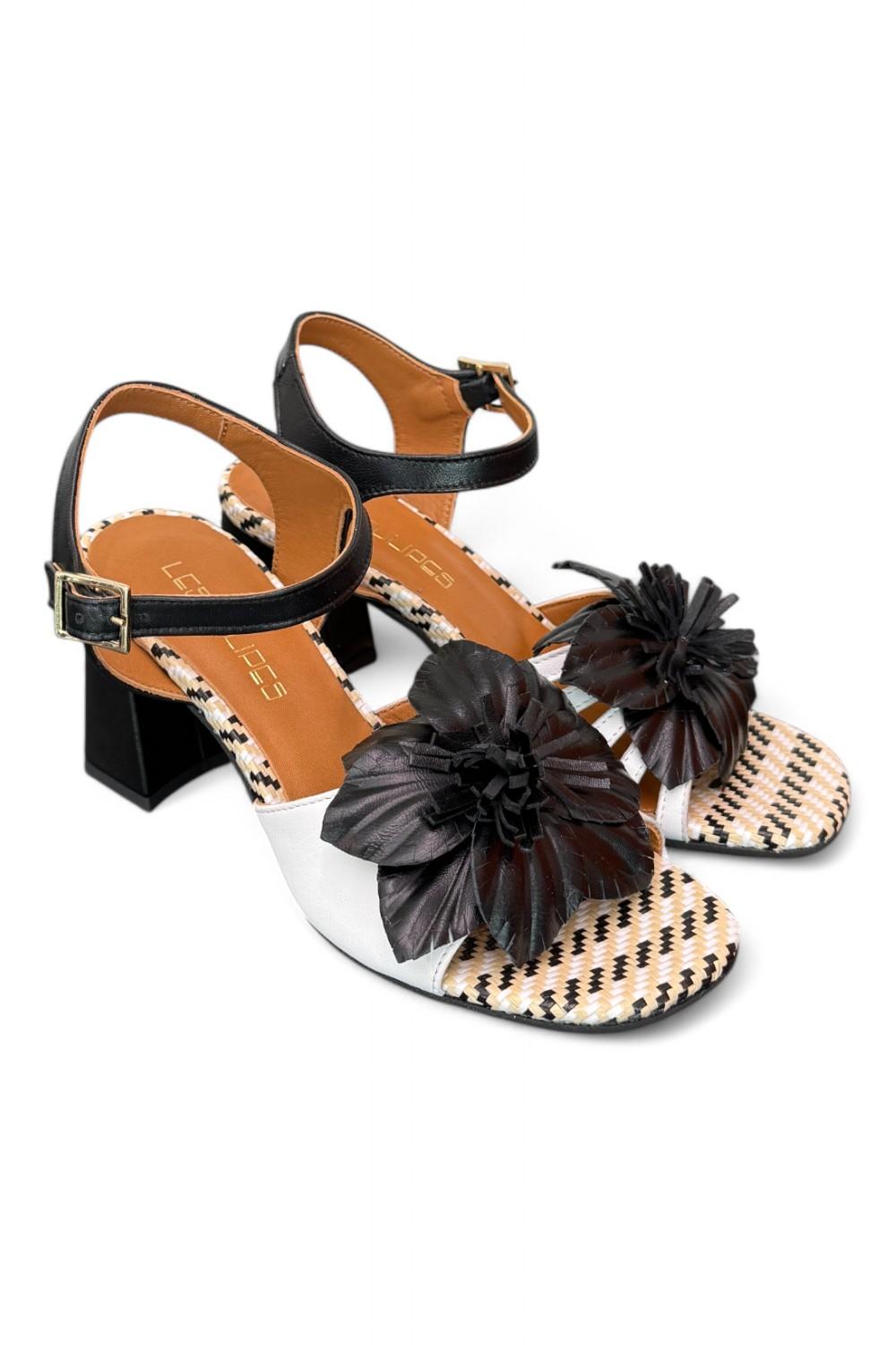 Sandalo fiore bianco nero tacco Les Tulipes 
