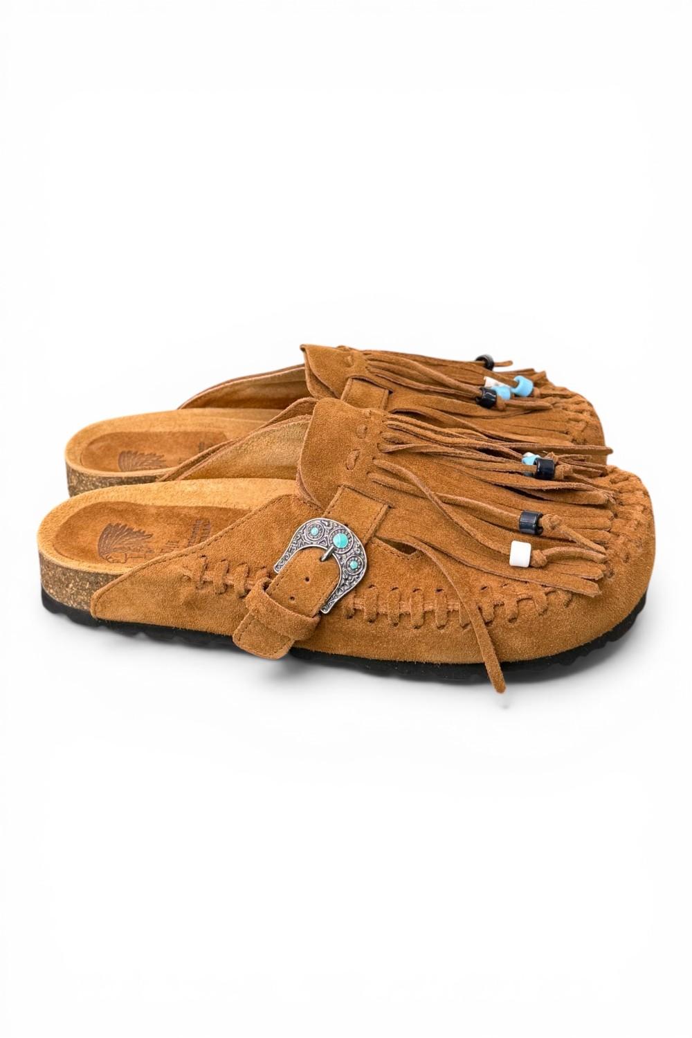 Sabot con frangia e perline Taji by Lagoa suede cuoio 
