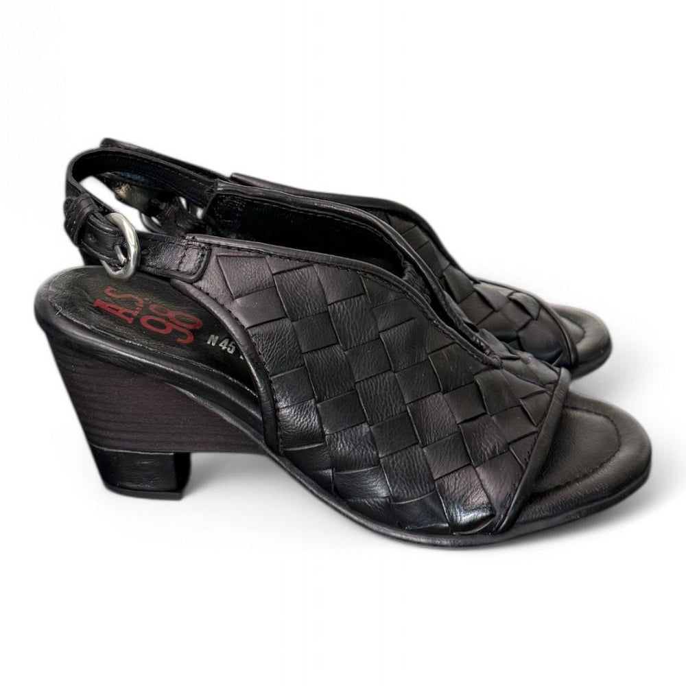 Sandalo pelle intrecciata tacco zeppa nero AS98<BR/> 
