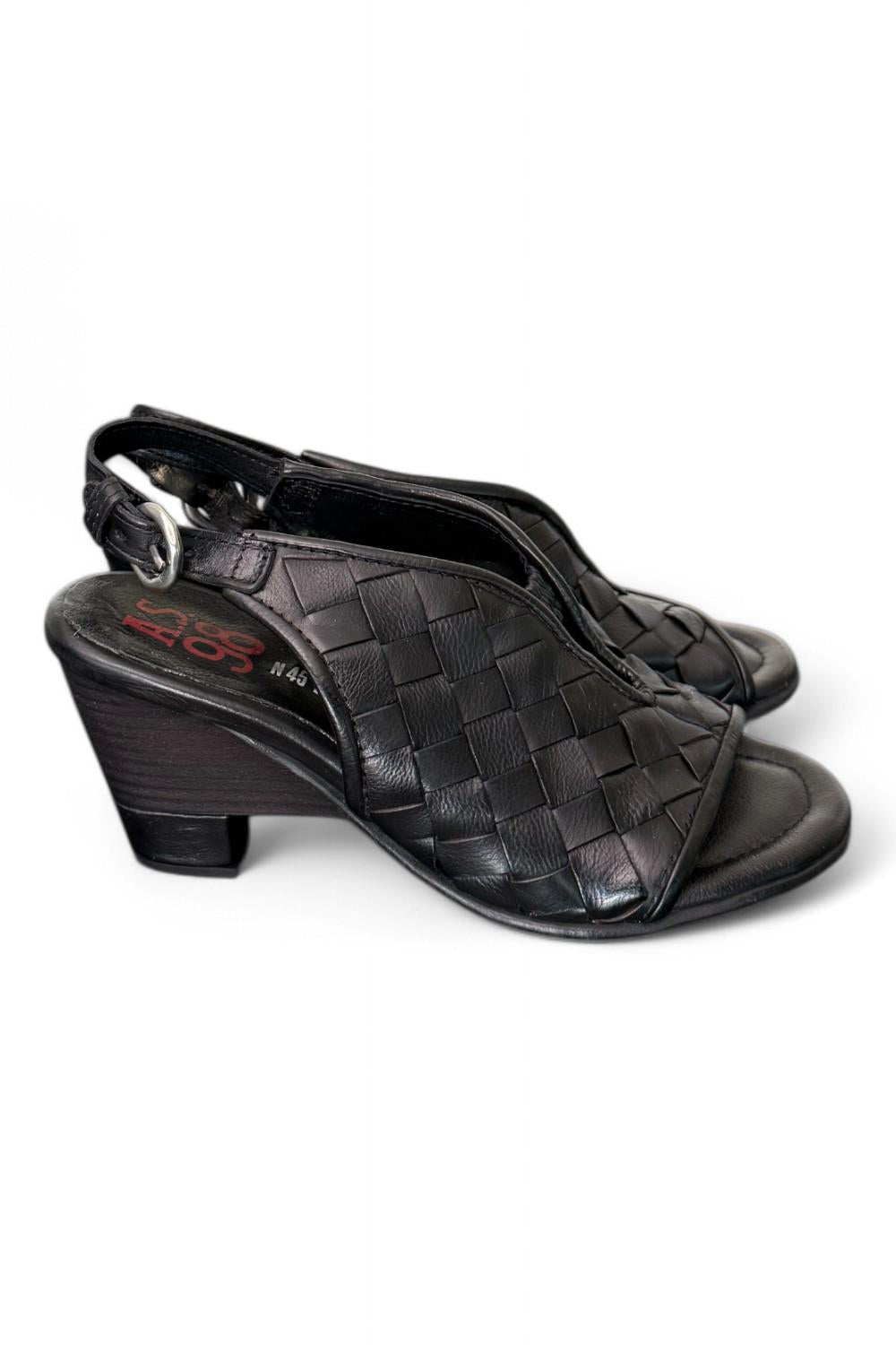Sandalo pelle intrecciata tacco zeppa nero AS98<BR/> 