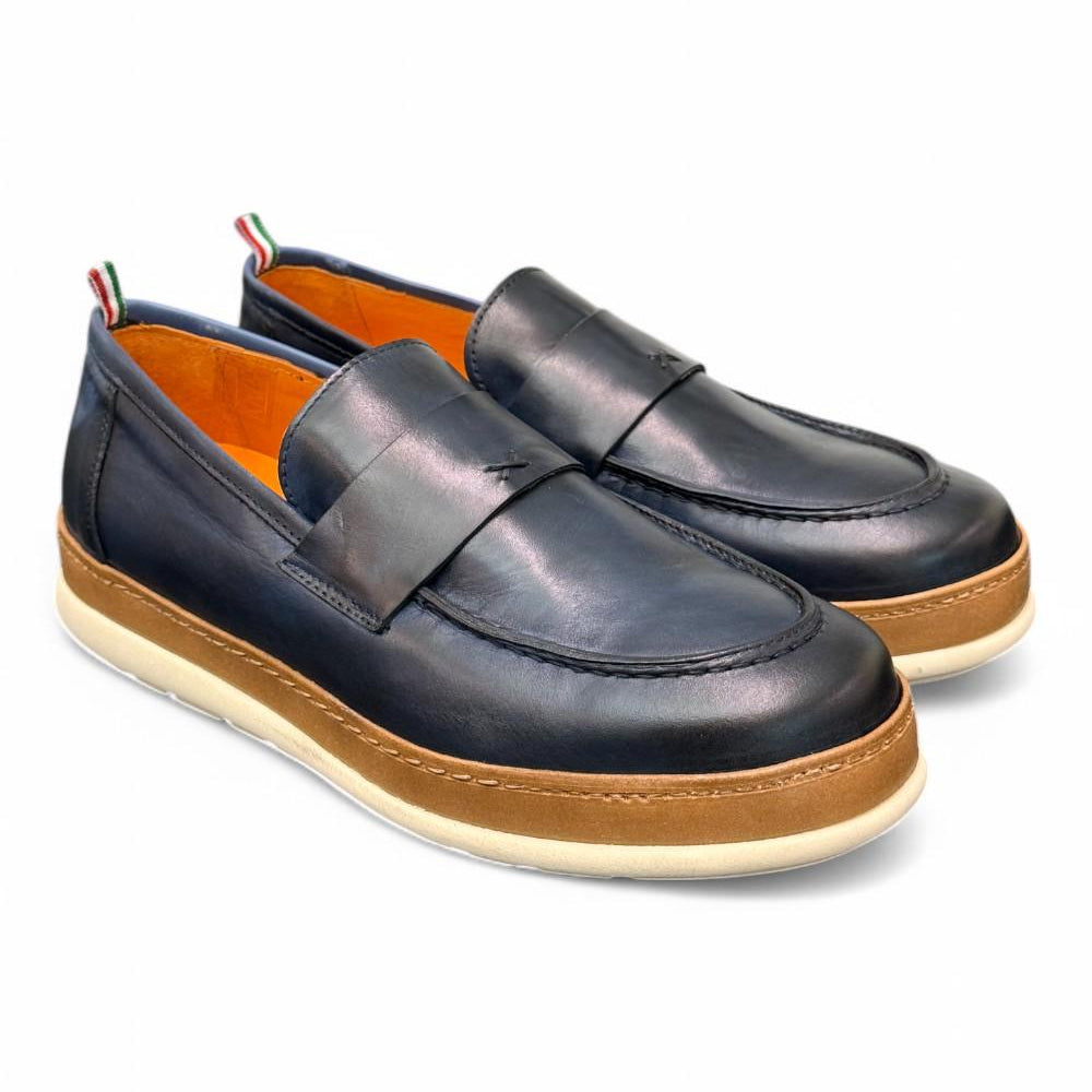 Mocassino uomo blu F.lli Rennella suola gomma 