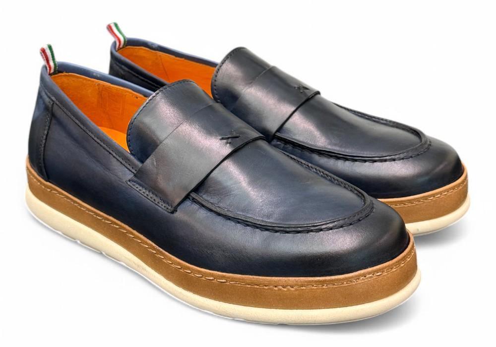 Mocassino uomo blu F.lli Rennella suola gomma 
