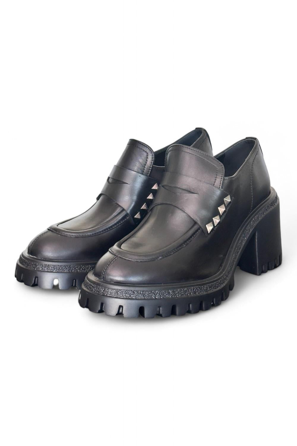 Mocassino donna nero borchie tacco 60 Target<BR/> 