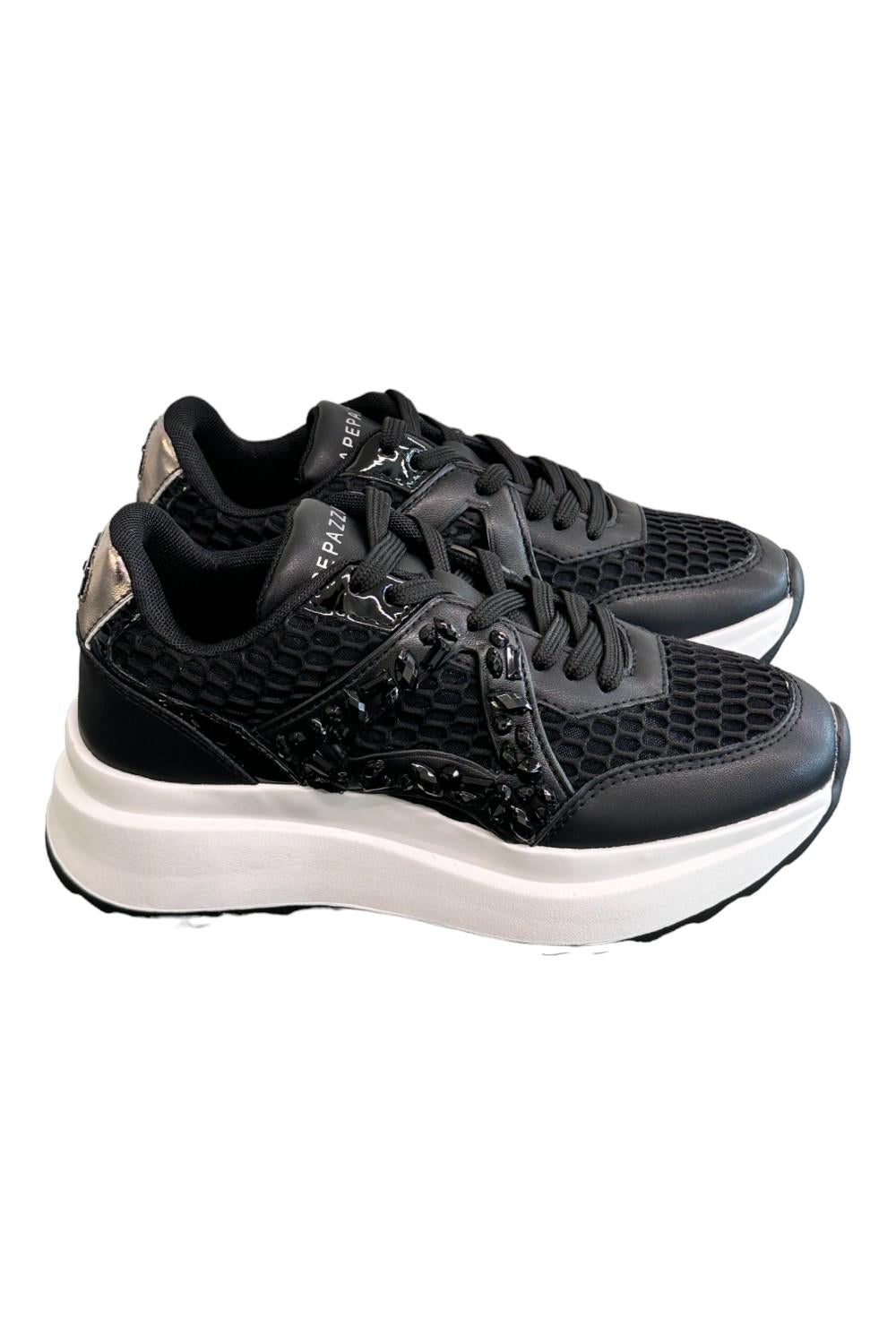 Sneaker Apepazza pelle rete strass nera<BR/> 