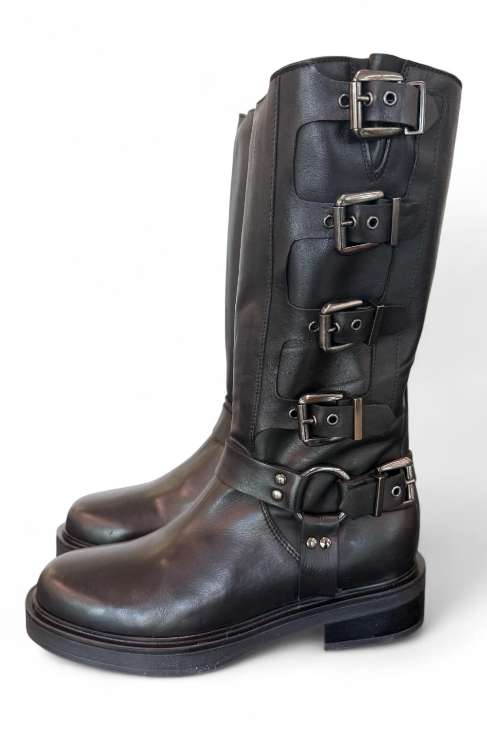 Stivale biker 3/4 fibbie pelle nera Angelica 