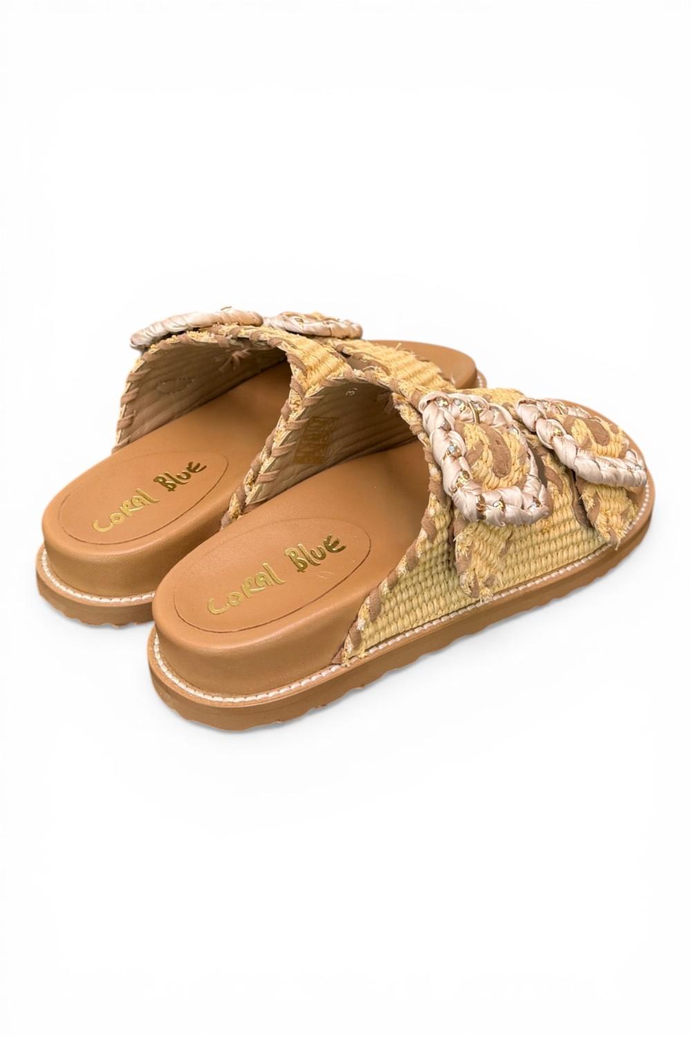 Ciabatta fasce rafia intrecciata beige cuoio Coral Blu 