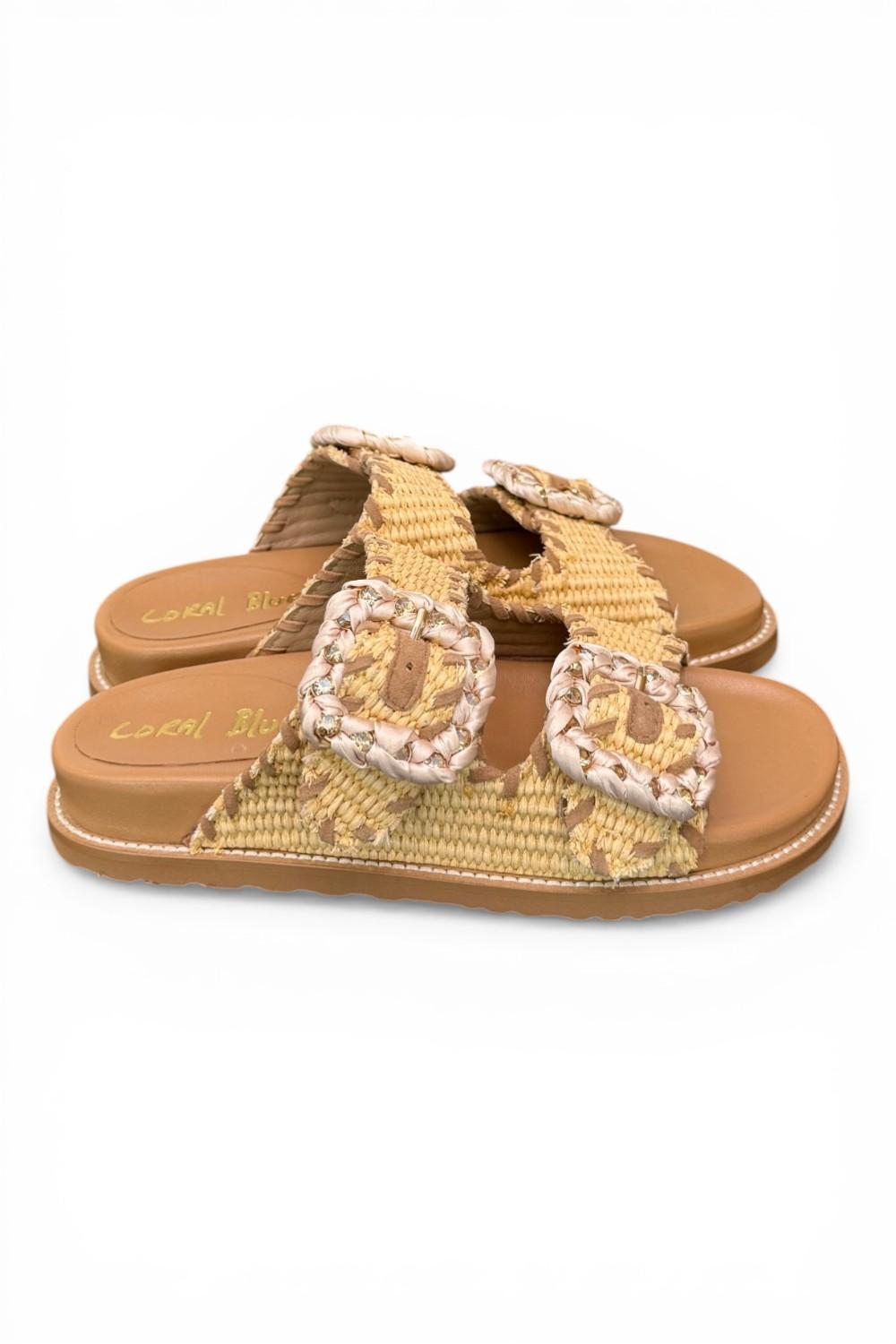 Ciabatta fasce rafia intrecciata beige cuoio Coral Blu 