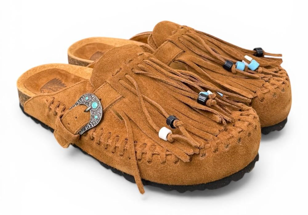Sabot con frangia e perline Taji by Lagoa suede cuoio 