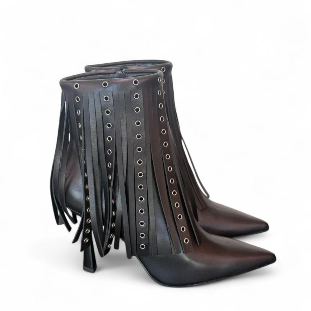 Stivaletto con frange in pelle nera Chantal 