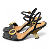 Sandalo rafia nera tacco oro Chantal<BR/> <BR/> 