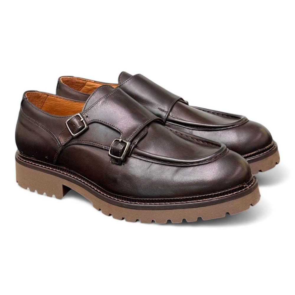 Scarpa doppia fibbia cucitura cioccolato Exton 