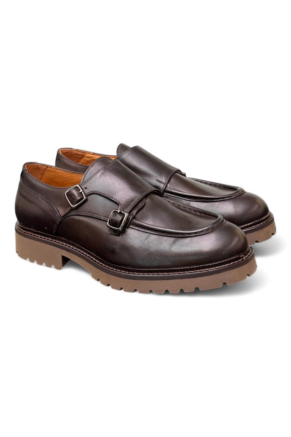 Scarpa doppia fibbia cucitura cioccolato Exton 
