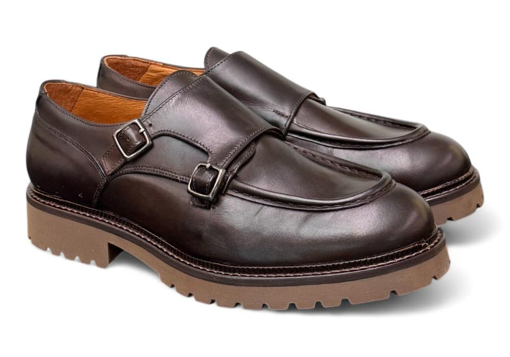 Scarpa doppia fibbia cucitura cioccolato Exton 