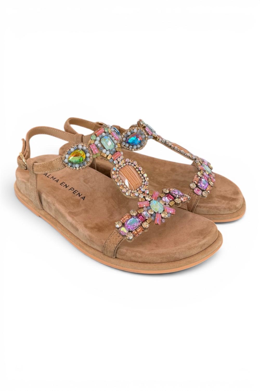 Sandalo camoscio beige pietre multicolor Alma en Pena<BR/> 