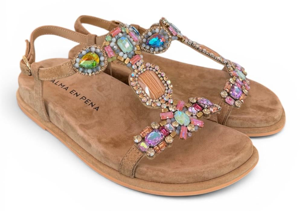 Sandalo camoscio beige pietre multicolor Alma en Pena<BR/> 