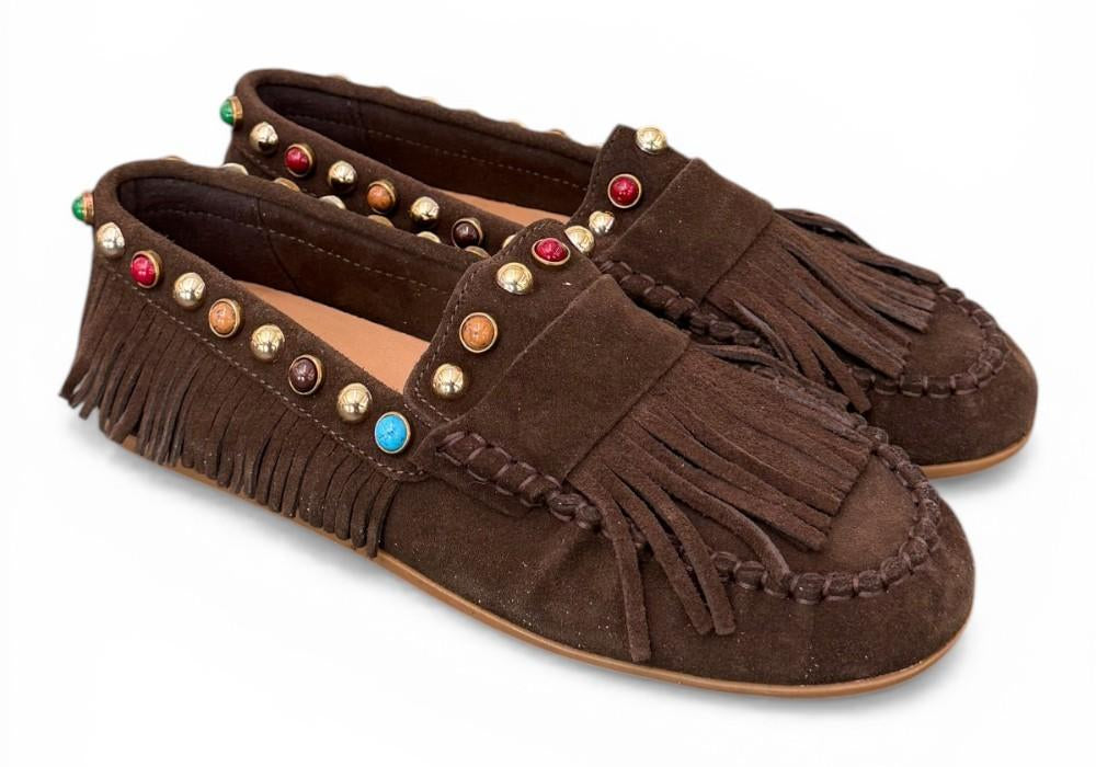 Mocassino frange suede mogano Inuovo<BR/> 