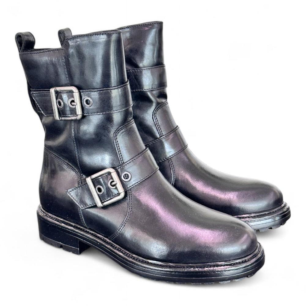 Stivaletto biker fibbie pelle nera Dei Colli<BR/> 