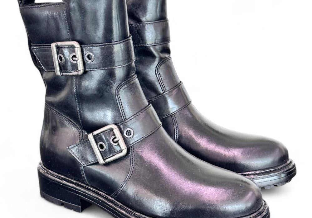 Stivaletto biker fibbie pelle nera Dei Colli<BR/> 
