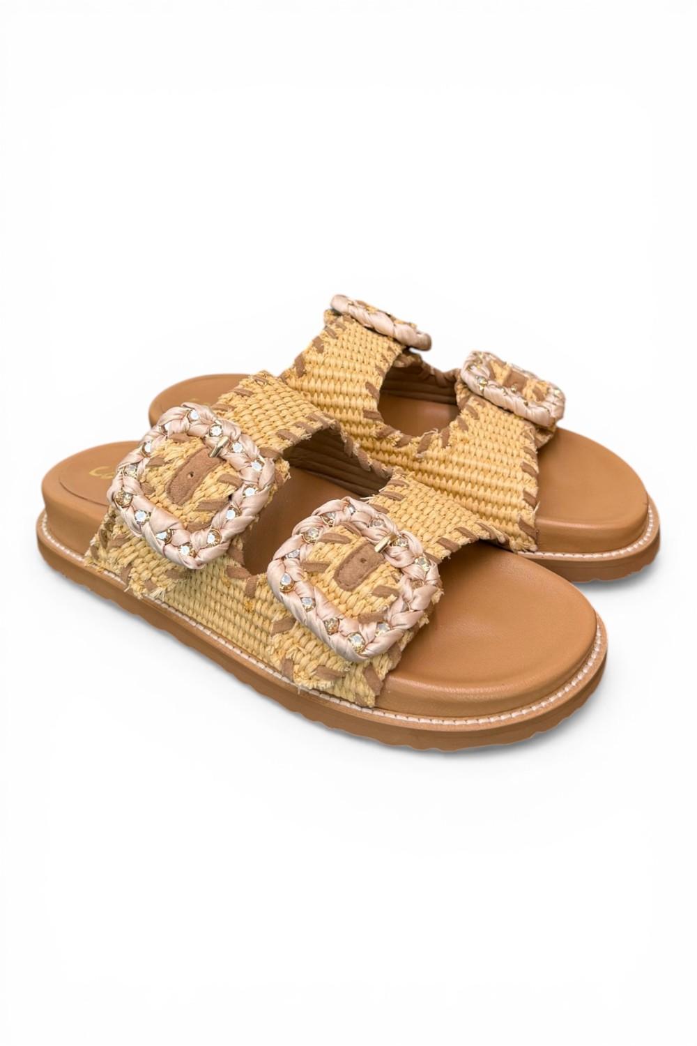 Ciabatta fasce rafia intrecciata beige cuoio Coral Blu 
